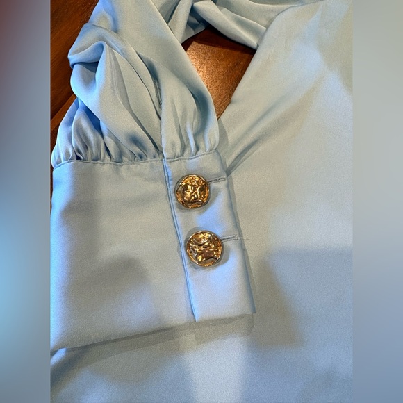 Zara Light Blue Satin Long Sleeve Blouse - Picture 6 of 9